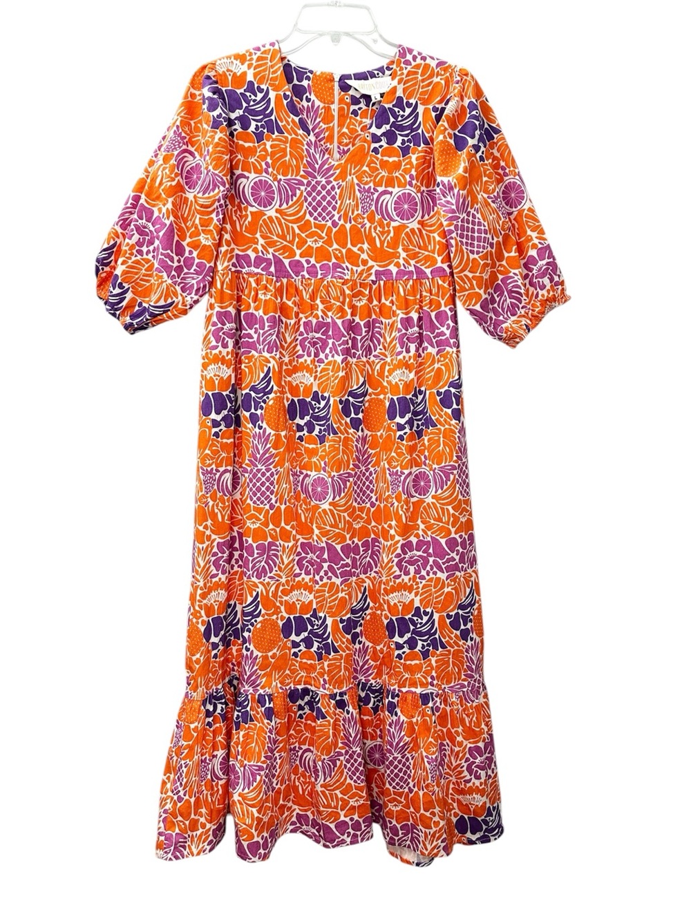 Briton Court Dress Tropical Fruit Print Orange Purple Midi V-Neck Size Large